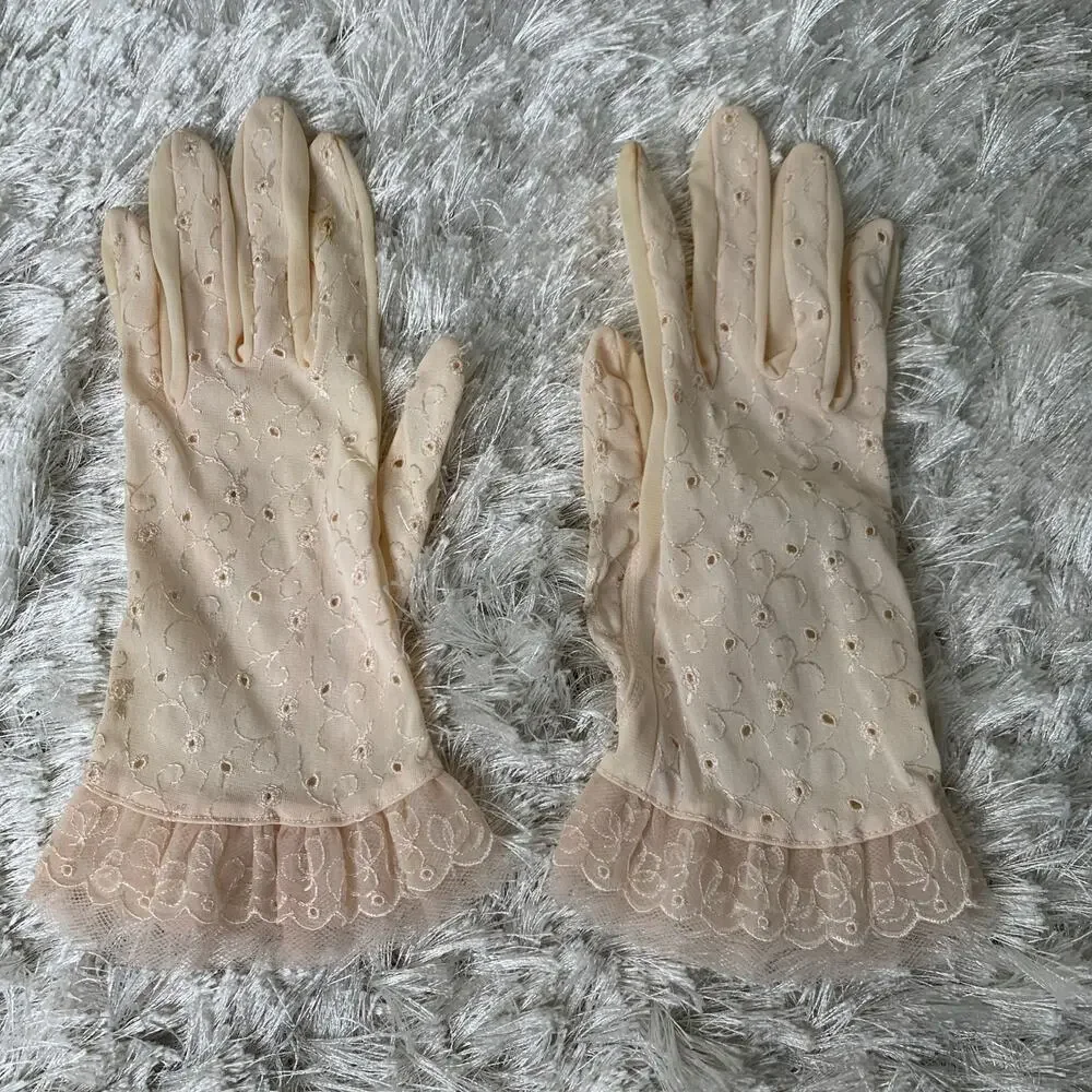 Pale Pink Gloves 50s 60s Ruffle Embroidered OSFM